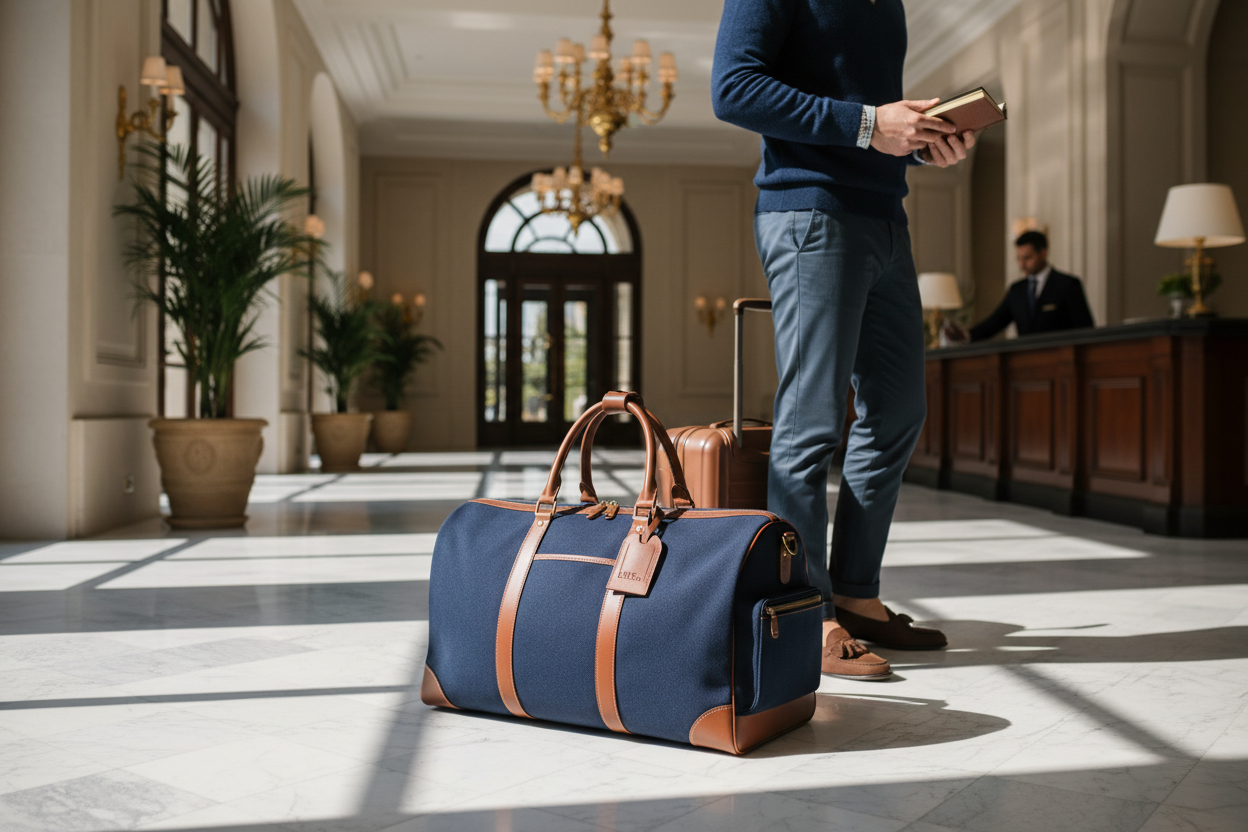 Navy Blue Heritage Travel Duffle in elegant hotel lobby setting